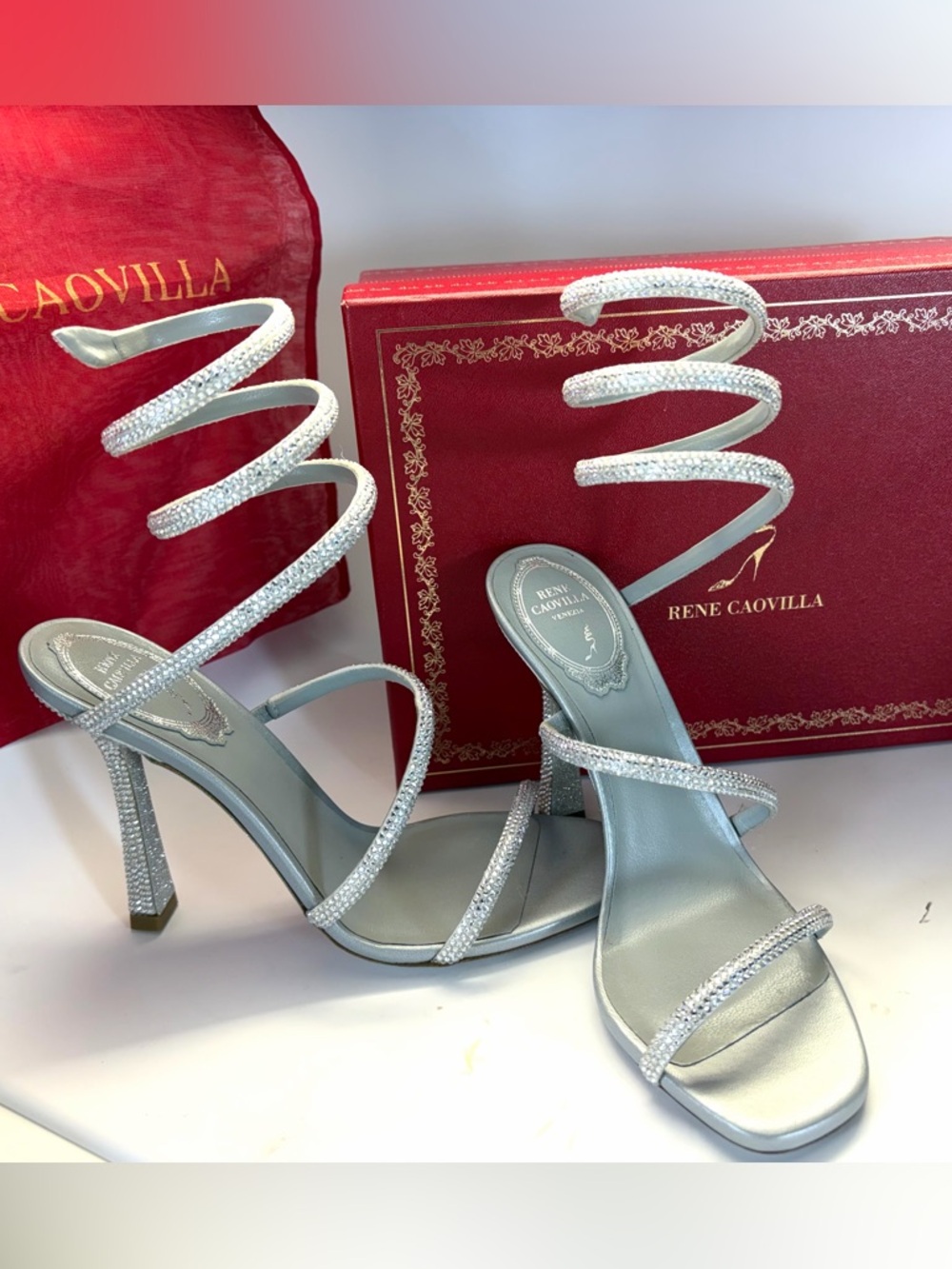 New in Box Rene Caovilla Silver Crystal Spiral Wrap Open Toed High-Heels - Picture 3 of 8